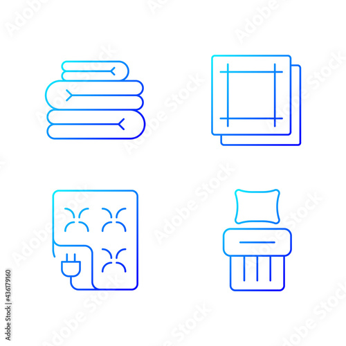 Household textile gradient linear vector icons set. Folded sheets. Electric blanket. Kitchen napkins. Linen bedding. Thin line contour symbols bundle. Isolated vector outline illustrations collection
