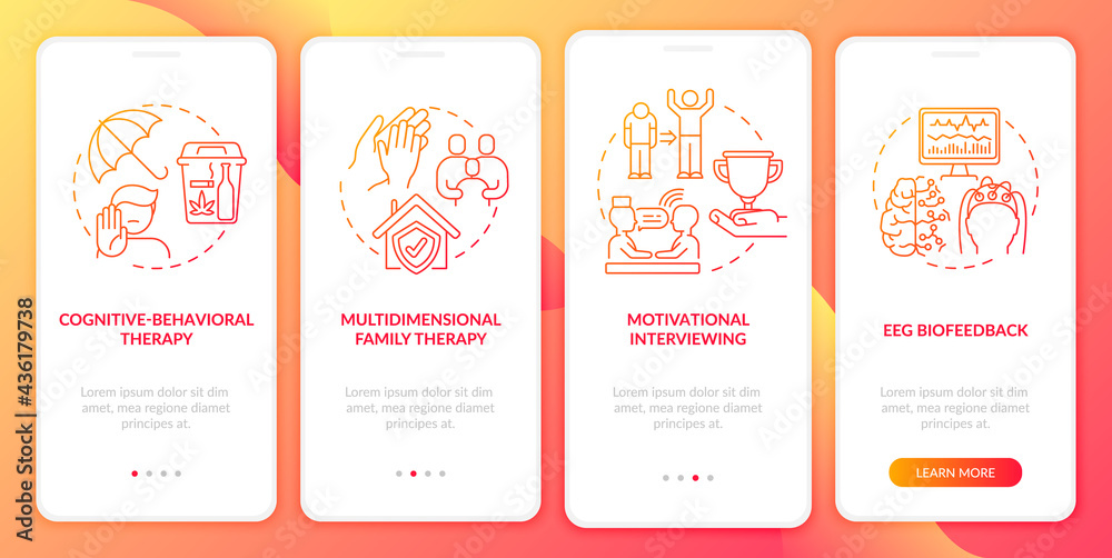 Addiction treatment methods onboarding mobile app page screen with concepts. Motivation interview walkthrough 4 steps graphic instructions. UI, UX, GUI vector template with linear color illustrations