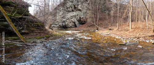 Fototapeta Naklejka Na Ścianę i Meble -  The Czarny Potok stream flowing next to the cave in Rosolina, Polana, Bieszczady Mountains