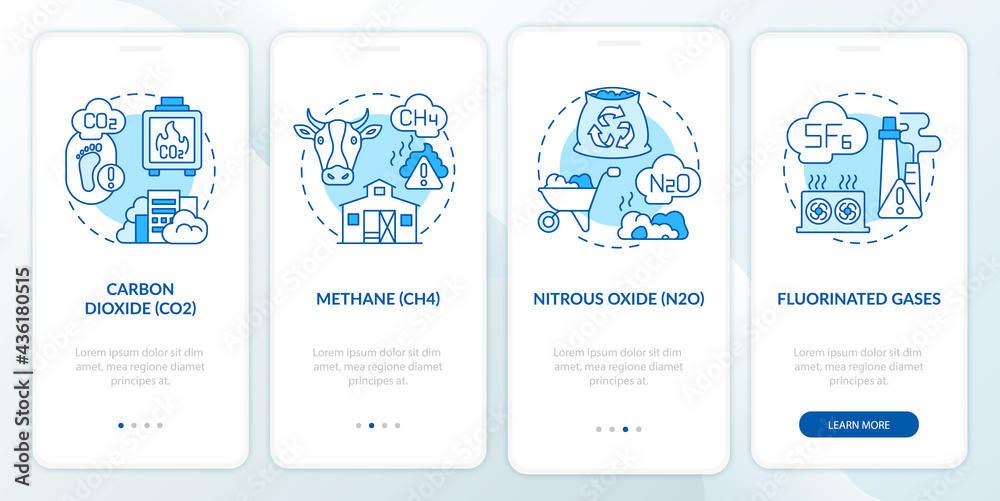 Principal greenhouse gases onboarding mobile app page screen with concepts. Carbon dioxide, CH4 walkthrough 4 steps graphic instructions. UI, UX, GUI vector template with linear color illustrations