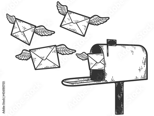 Mail envelopes fly out of the mailbox. Sketch scratch board imitation color.