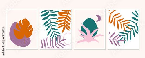 Botanical wall art posters collection. Set of tropical leaves drawings with abstract shapes in pastel colors. Artistic wildlife nature art. Minimalist modern floral background.