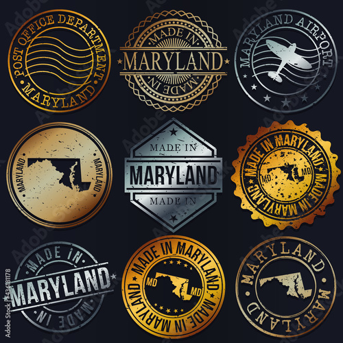 Maryland, USA Business Metal Stamps. Gold Made In Product Seal. National Logo Icon. Symbol Design Insignia Country.