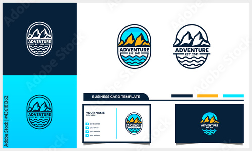 badge adventure mountain and sea logo concept with line art style and business card template