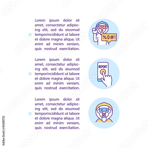 Reporting cyberbullying concept line icons with text. PPT page vector template with copy space. Brochure, magazine, newsletter design element. Online abuse incidences linear illustrations on white