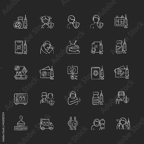 Vaccination and covid passport chalk white icons set on black background. Vaccine distribution. Virus treatment for age groups. Health care and medicine. Isolated vector chalkboard illustrations
