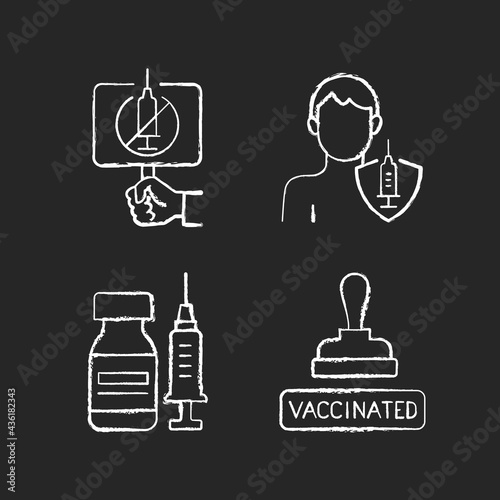 Immunization against virus chalk white icons set on black background. Anti vaxxer protest. Adult vaccination. Vial with syringe. Health care and medicine. Isolated vector chalkboard illustrations