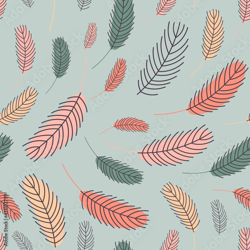 Feathers seamless pattern. Pattern with feathers. Vector flat illustration. Design for textiles, packaging, wrappers, greeting cards, paper, printing.