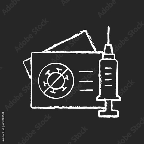 Vaccination card chalk white icon on black background. Covid immunization certificate. Pass for vaccinated tourist. Health care and medicine. Isolated vector chalkboard illustration