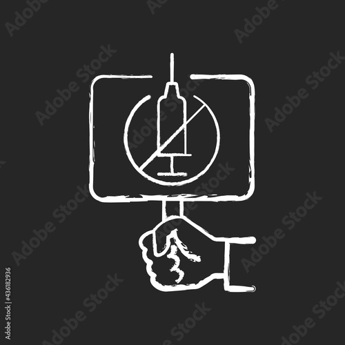 Anti vaxxer chalk white icon on black background. Demonstration against covid drug injections. Placard for anti vax protest. Health care and medicine. Isolated vector chalkboard illustration