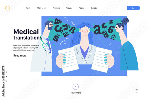 Medical translations - medical insurance web template. Modern flat vector