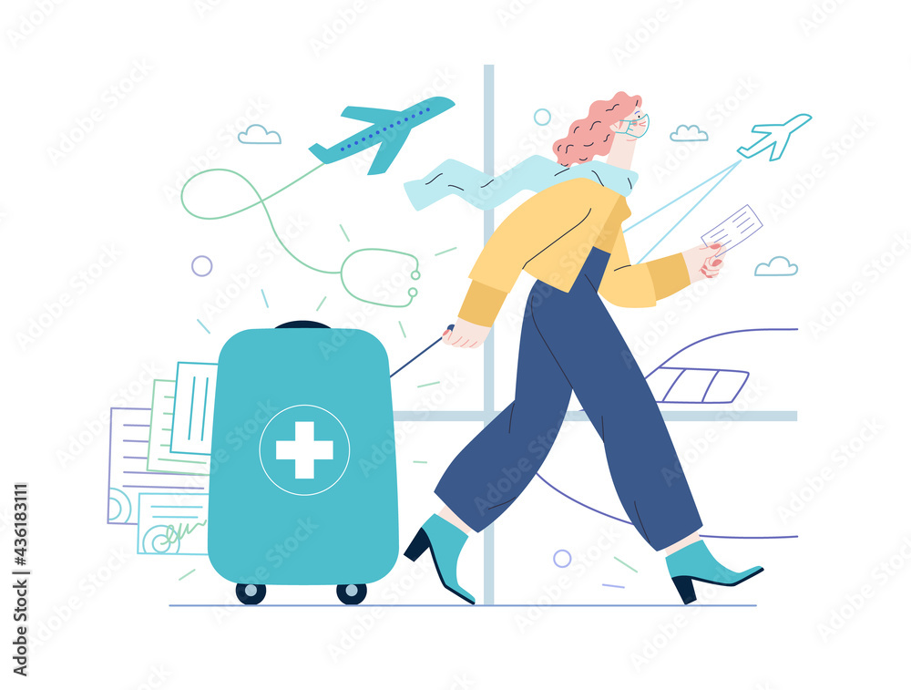 Medical tourism - medical insurance illustration. Modern flat vector