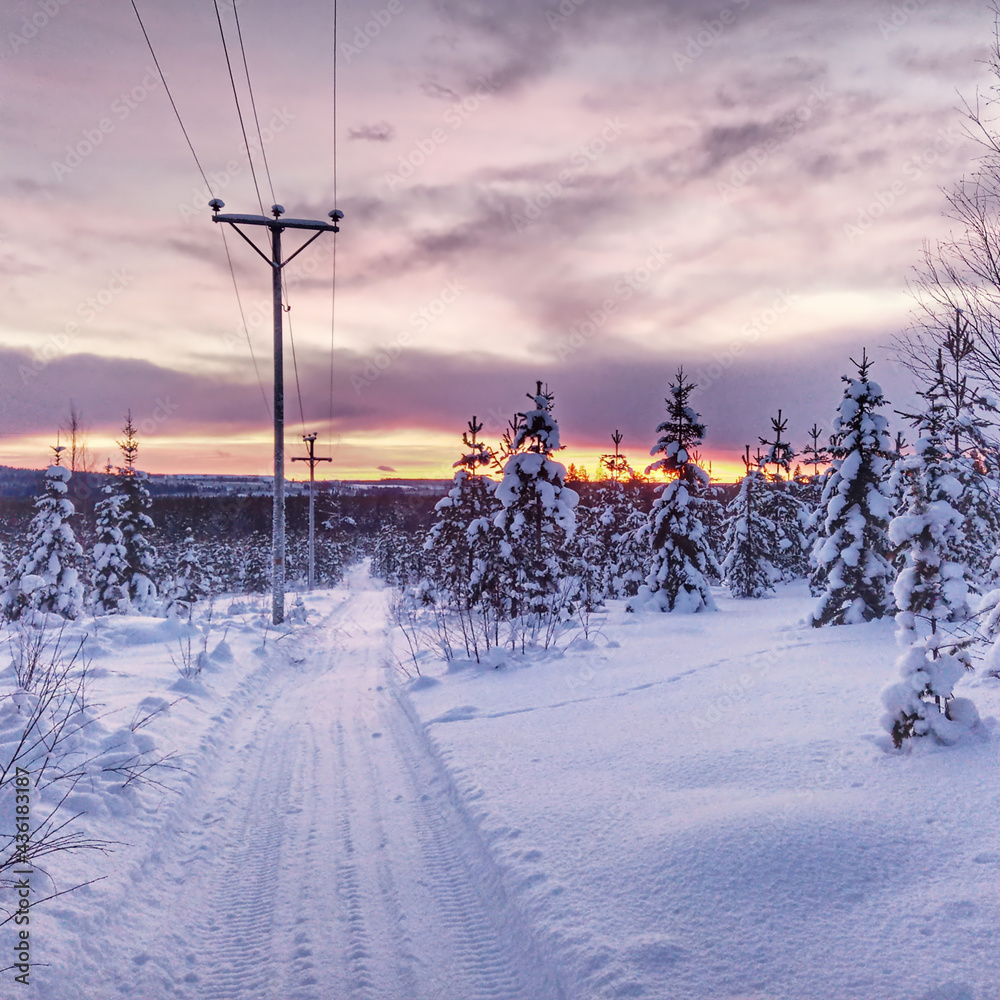 Obraz premium Scooter track and power line in remote place in Lapland