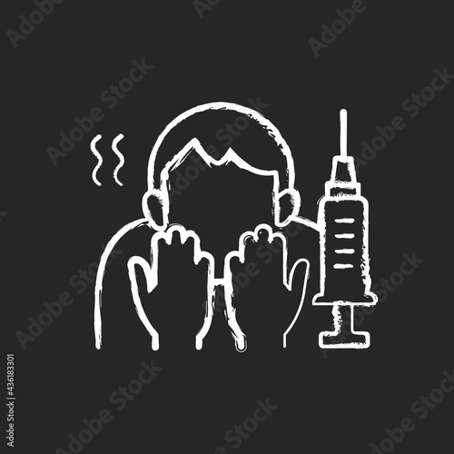 Fear of vaccination chalk white icon on black background. Phobia of injection. Afraid of syringe needles. Health treatment problem. Scared of vaccine shot. Isolated vector chalkboard illustration