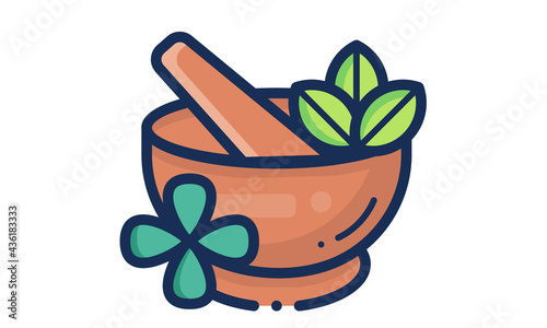 Pastel and mortar with leaves and flower illustration for herbal ayurvedic treatment.  