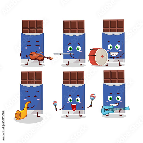Cartoon character of chocolate bar playing some musical instruments
