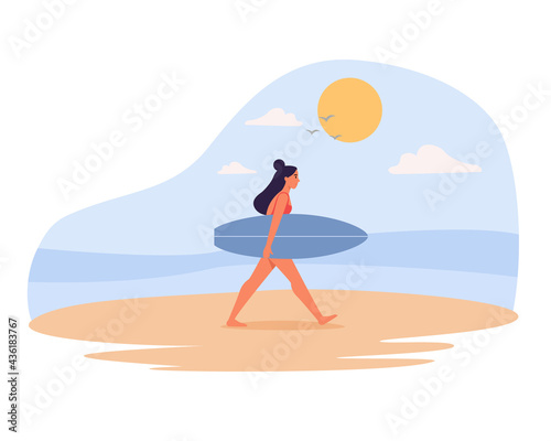 Woman in swimwear carrying surfboard at the beach, walking on the sand. Vector illustration