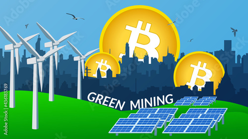 Concept of using green energy to protect the environment when mining bitcoin. Windmills and solar panels stand on the green grass to generate electricity. City skyline. Vector illustration.