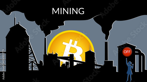 Concept of protest against environmental pollution when mining Bitcoin. Little girl reaches for the red button to turn off mining. Smoky factory chimneys. Black smoke covers the sky.