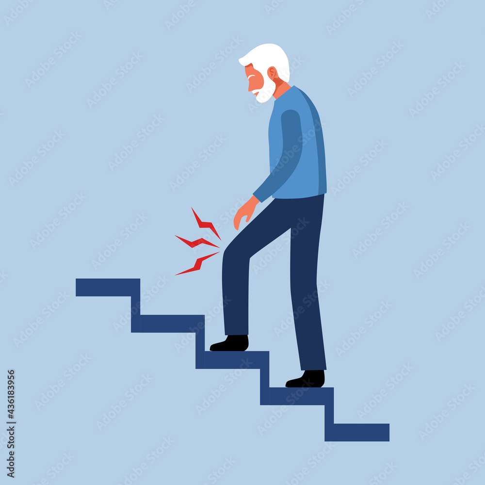 Old man with knee pain while walking upstairs in flat design. Leg pain