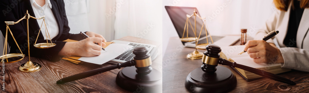 Business and lawyers discussing contract papers with brass scale on desk in office. Law, legal services, advice, justice and law concept Business and lawyers discussing contract papers with brass scale on desk in office. Law, legal services, advice, justice and law concept