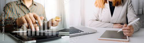 Woman using smartphone and icon customer network connection on screen. Shopping bags on the table. Online shopping and payments.