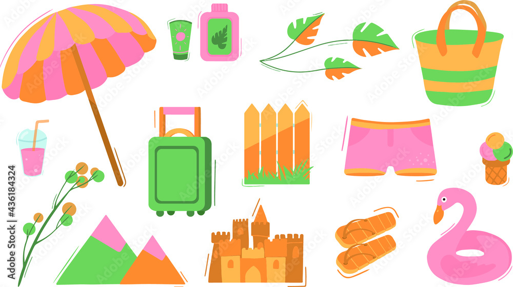 Summer set of items beach umbrella, sunblock, monstera, bag, cocktail, plants, swimming trunks, ice cream, fence, suitcase, flip flops, mountains, sand castle and life buoy in yellow, pink and green