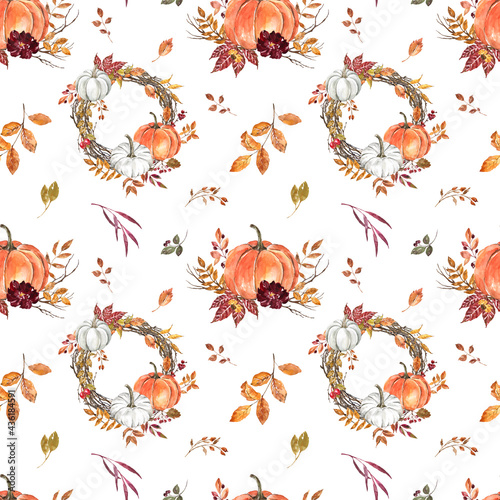 Beautiful fall pumpkins seamless pattern. Watercolor orange pumpkin and autumn flowers  foliage  leaves and berries on white background. Thanksgiving day designer paper. Colorful floral print.