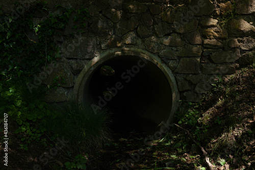 Dark round tunnel entrance somewhere deep in the forest, spooky and mysterious 