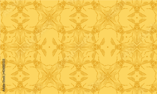 Seamless pattern with detailed illustrations of feather-horn beetle insects on a light yellow background in a mosaic repeat.