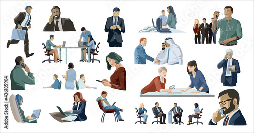 Bussiness people big set on white background. Discussion, negotiation, business partnership, team, everyday business life. Flat cartoon colorful vector illustration. Isolate