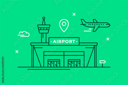 Linear vector illustration with airport terminal, observation tower and airplane. Airport outline outline icon.
