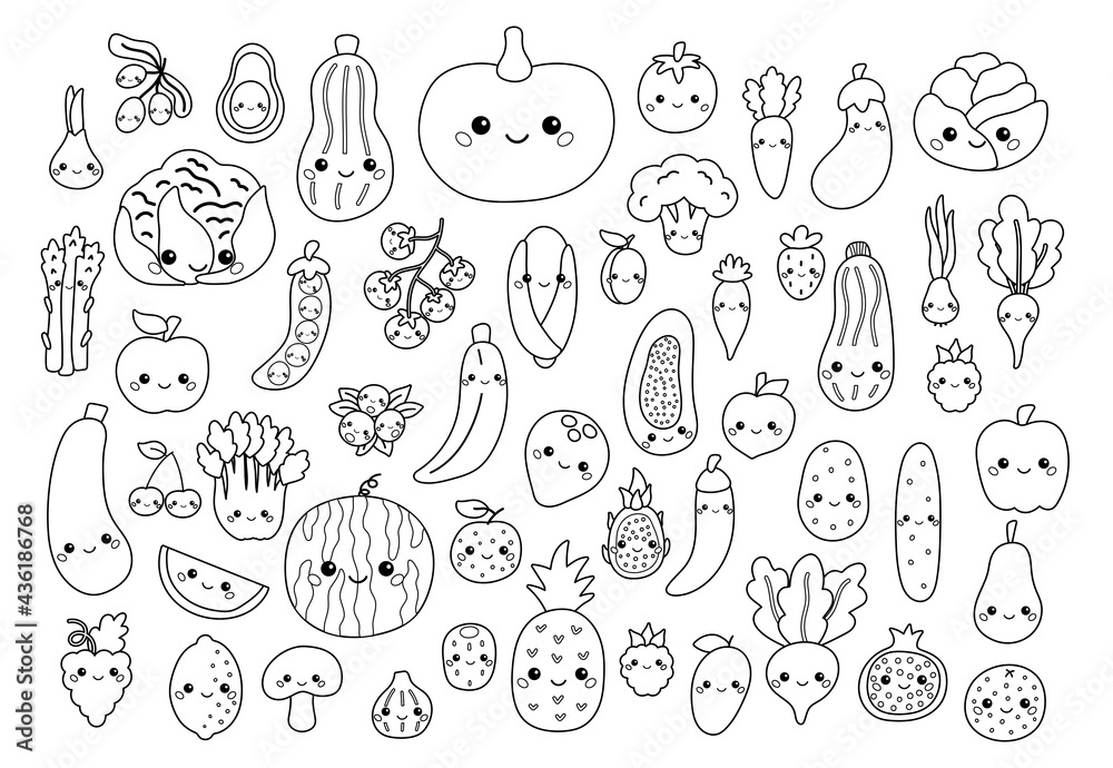 Big set of vegetables and fruits with face. Coloring book for children. Cute cartoon food characters with faces. Black white outline vector illustration.