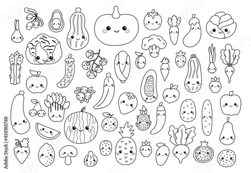 Big set of vegetables and fruits with face. Coloring book for children. Cute cartoon food characters with faces. Black white outline vector illustration.