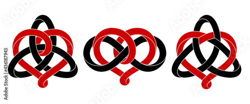 Set of heart signs with triquetra knot and infinity symbol made of intertwined mobius stripes. Stylized symbols of eternal love for tattoo design. Vector isolated illustration.