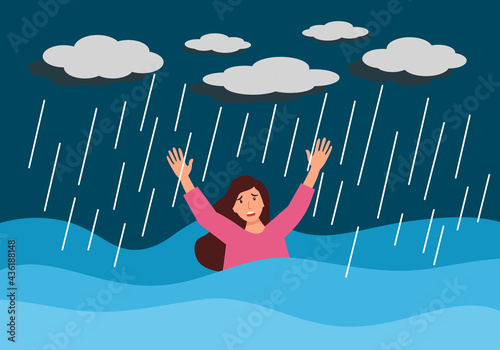 Woman sinking in the sea during heavy rain. Drowning female screaming for help.