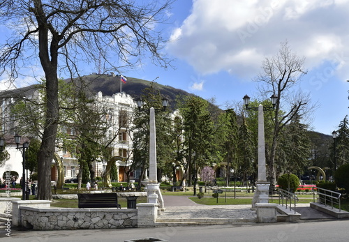 View of the entrance to the Park Flower Garden in Pyatigorsk on a spring morning