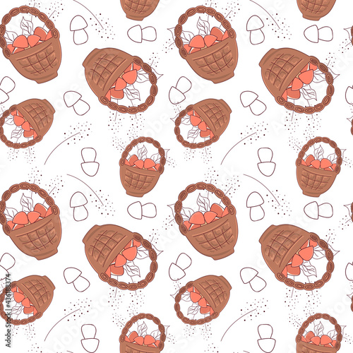 Seamless pattern with cute cartoon basket with mushrooms, twigs and leaves. Vector illustration for autumn, summer childrens design in pastel colors.