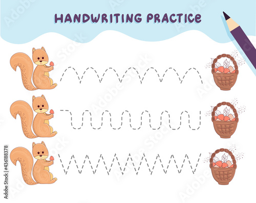 Handwriting practice for preschool children. Tracing lines with colorful squirrel and a basket of mushroomsю Educational kids game. Worksheet for kids