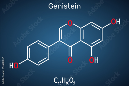 Genistein molecule. It is phytoestrogen, plant metabolite, isoflavone extract from soy with antioxidant and phytoestrogenic properties. Structural chemical formula on the dark blue background photo