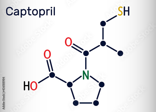 Captopril molecule. It is angiotensin-converting enzyme inhibitor, ACE inhibitor, used in the treatment of hypertension, high blood pressure. Skeletal chemical formula
