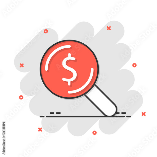 Magnifier glass with money icon in comic style. Dollar search cartoon vector illustration on white isolated background. Financial currency splash effect business concept.