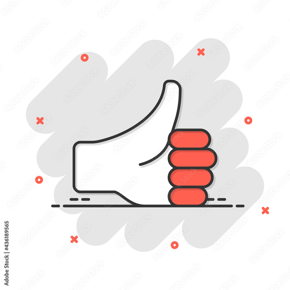Thumb up icon in comic style. Like gesture cartoon vector illustration on white isolated background. Approval mark splash effect business concept.