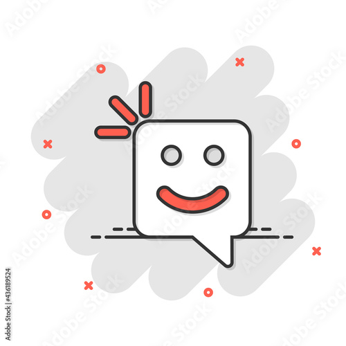 Happy sms icon in comic style. Message speech bubble cartoon vector illustration on white isolated background. Envelope splash effect business concept.