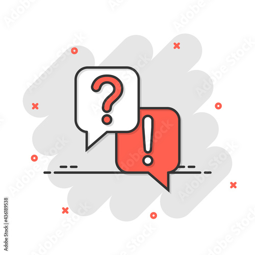 Question and answer icon in comic style. Dialog speech bubble cartoon vector illustration on white isolated background. Forum chat splash effect business concept.