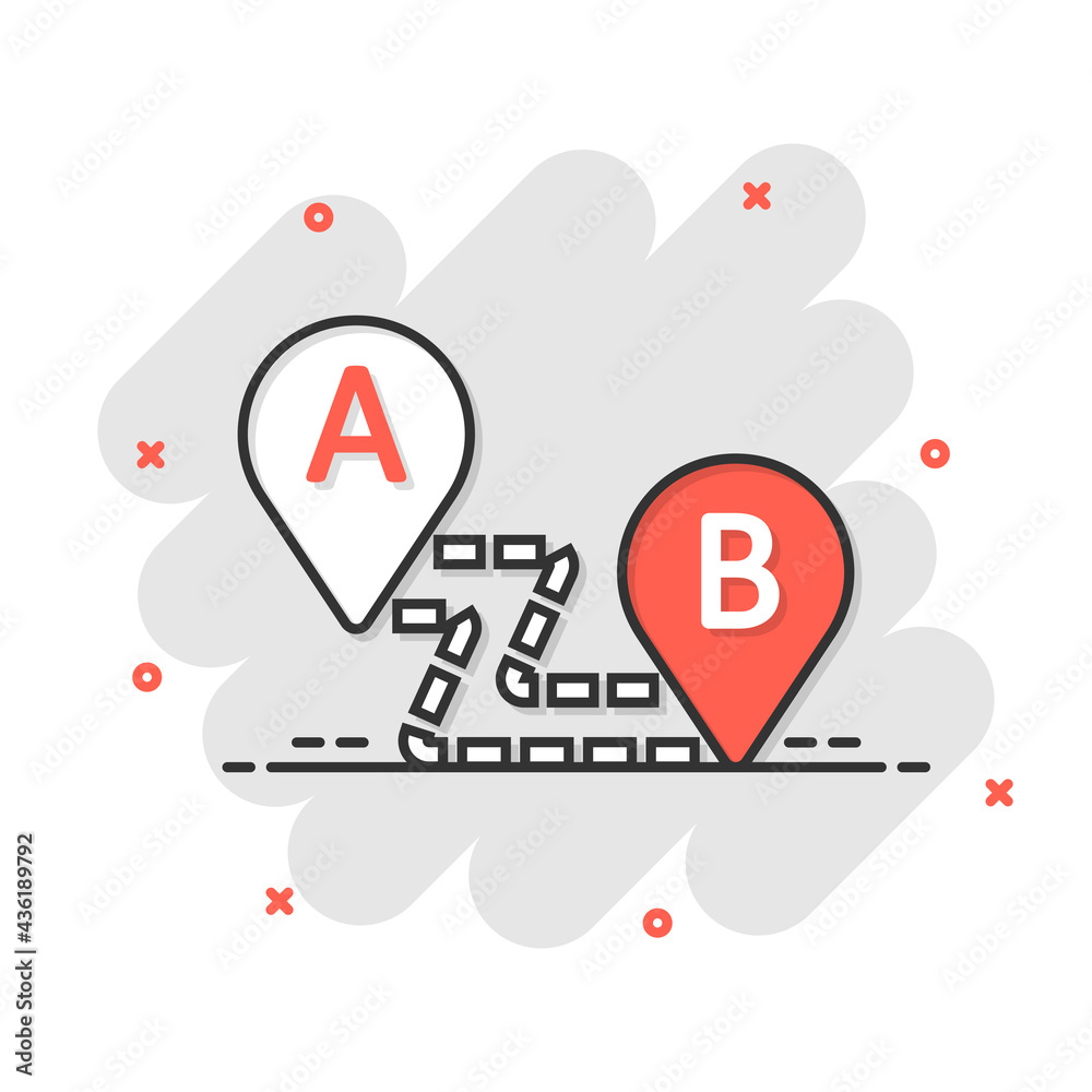 Map pin icon in comic style. Gps navigation cartoon vector illustration on white isolated background. Locate position splash effect business concept.