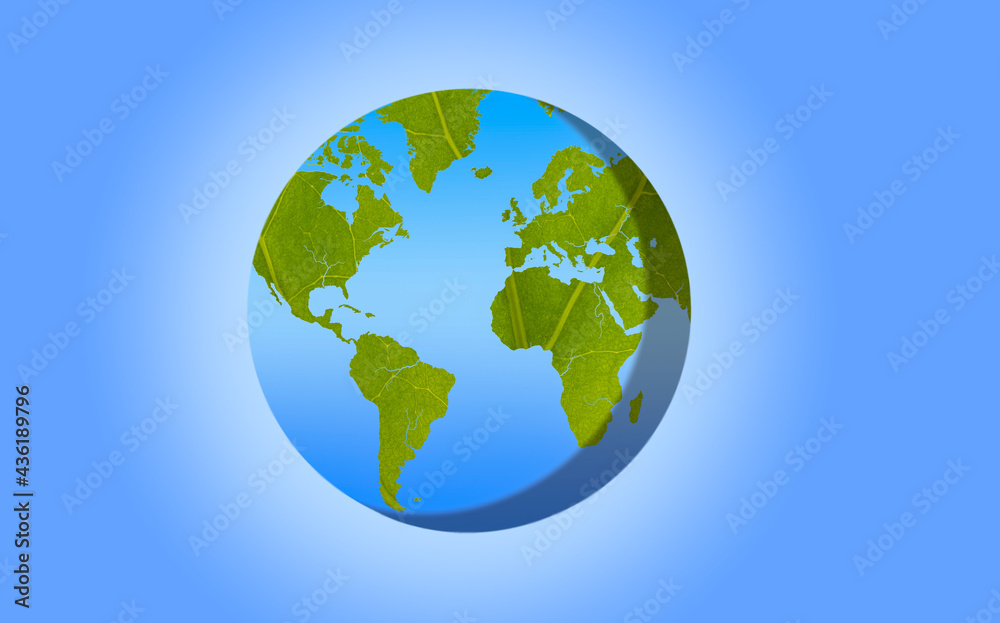 Climate change, the green Earth has the texture of a leaf. Light blue background