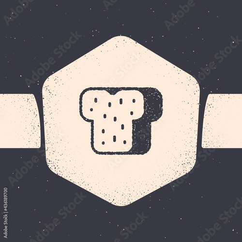 Grunge Bread toast for sandwich piece of roasted crouton icon isolated on grey background. Lunch, dinner, breakfast snack. Monochrome vintage drawing. Vector