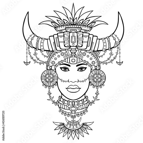 Fantastic Shaman woman in her magic clothes. The linear drawing isolated on a white background. Vector illustration, be used for coloring book.