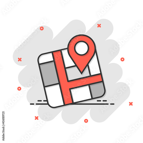 Map pin icon in comic style. GPS navigation cartoon vector illustration on white isolated background. Locate position splash effect business concept.